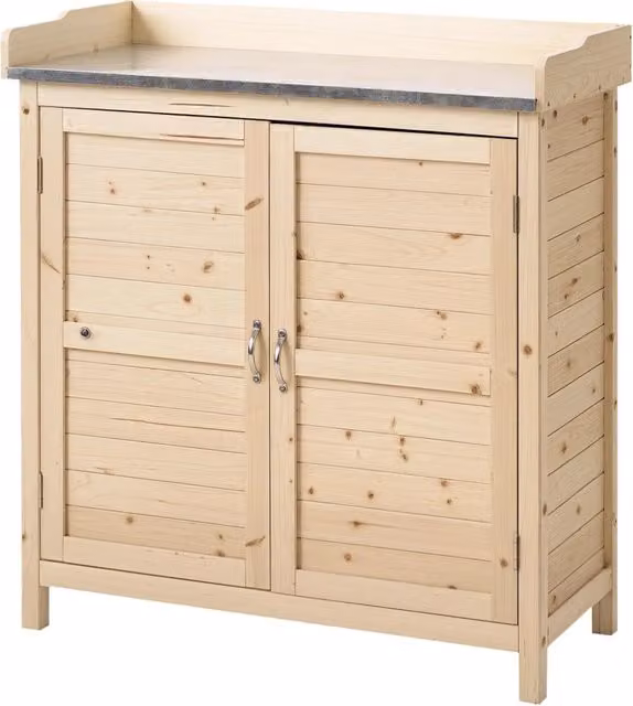 Mobile da giardino XYLO in legno naturale e metallo con 2 scomparti e piano di lavoro, L 83 x P 40 x H 92 cm