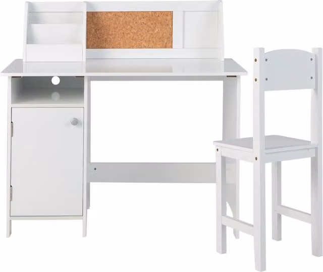 Set di scrivania e sedia per bambini in legno con scaffale armadietto bacheca, Postazione di scrittura Bianco-Tavoli e sedie
