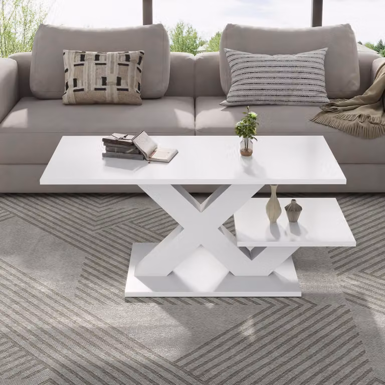 Tavolino da salotto, dimensioni 100x48x45 cm, realizzato in MDF al 100%, colore bianco, forma rettangolare, superficie lucida, dotato di doppio ripiano e struttura a forma di "X"