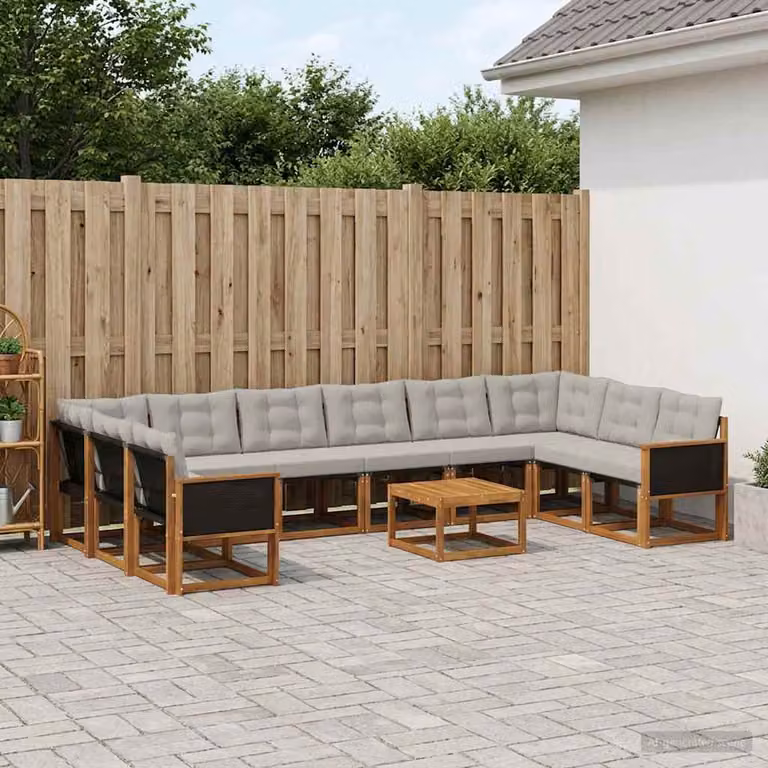 Set di divani da esterno vidaXL 11 pz in legno di acacia con cuscini beige e grigio chiaro