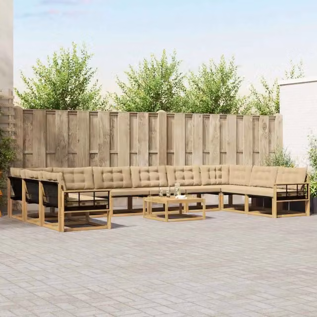Set di divani da esterno a forma di U vidaXL in legno di acacia con tavolo da caffè, 11 pezzi, Bianco e Beige – 1