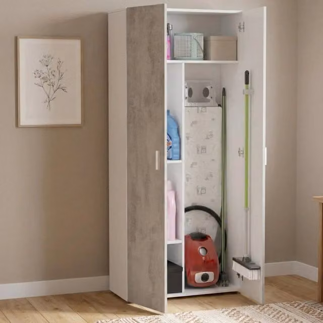 Armadio multiuso Ashkita DMORA con 2 ante e 3 ripiani, colore Cemento e Bianco, L: 80 cm, P: 37 cm, H: 182 cm