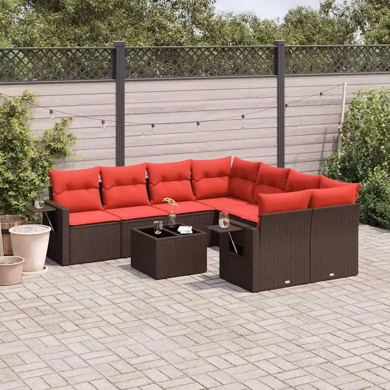 Maison Exclusive - Set divano da giardino 9 pezzi con cuscini, marrone, polyrattan