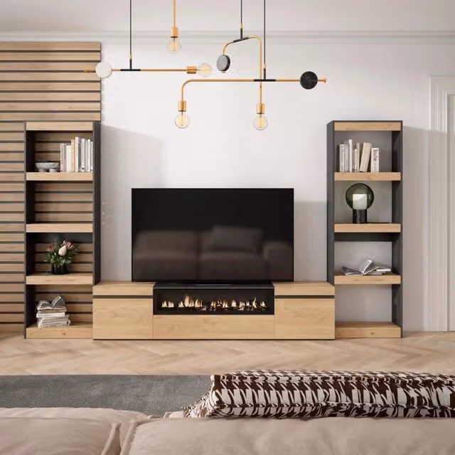 Mobile TV, Soggiorno, 320x35x186cm, Per TV fino a 80", Camino elettrico, colore Rovere e nero RF2604