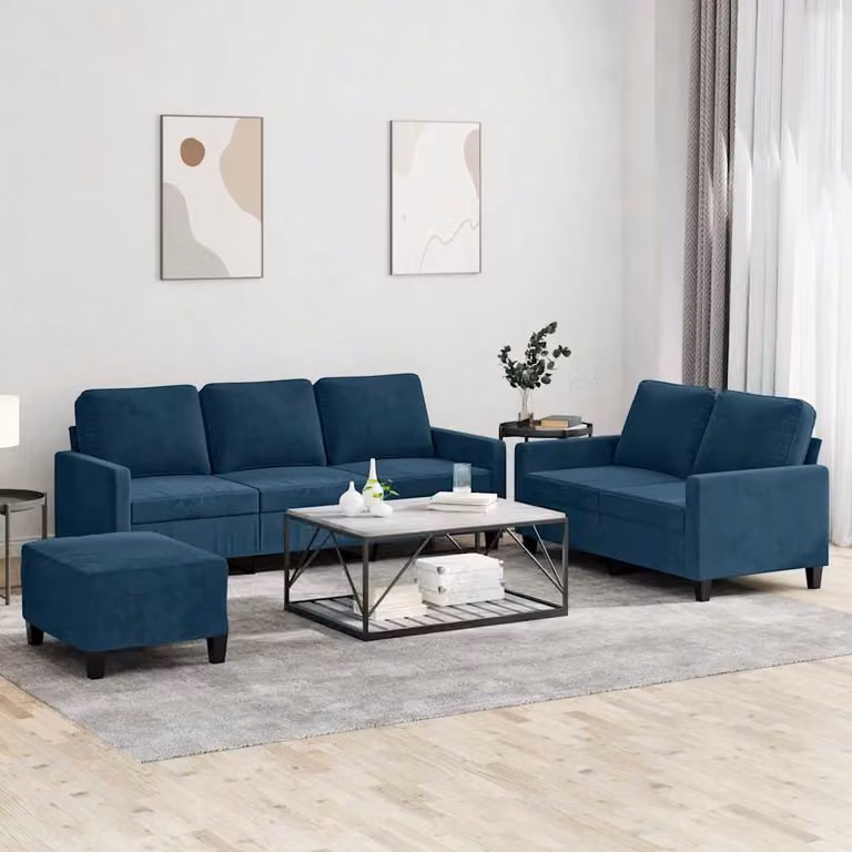 Set di divani vidaXL in velluto blu con pouf e cuscini per soggiorno