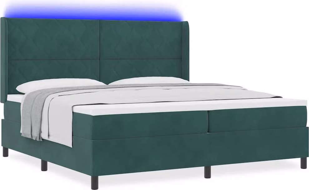 Letto con rete a molle e illuminazione a LED, colore verde scuro, dimensioni 200 x 200 cm, rivestito in velluto