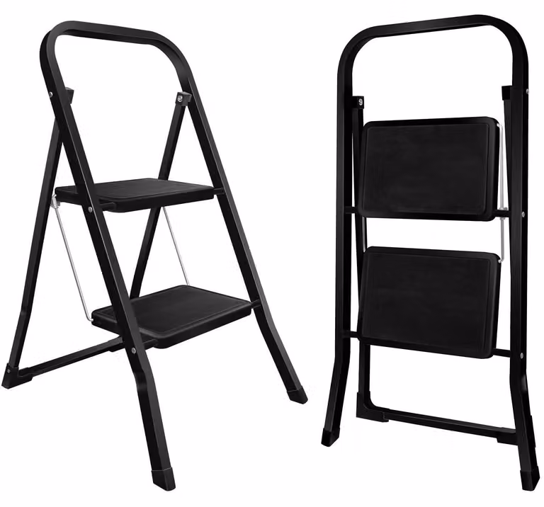 Scala pieghevole a 2 gradini, con pedale antiscivolo, colore nero, dimensioni 47,5 x 53 x 80 cm