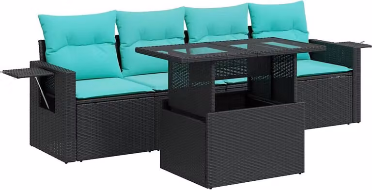 Set Divano da Giardino 5 pz Cuscini Nero Polyrattan e Acacia