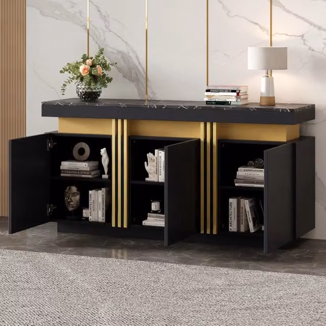 Credenza con 3 ante e 6 vani con ripiani regolabili in truciolare nero e oro effetto marmo 140 × 38 × 70 cm