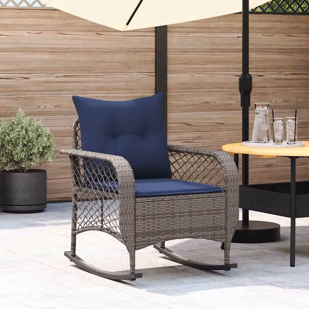 Sedia a dondolo da giardino vidaXL in polyrattan con cuscini blu e grigi