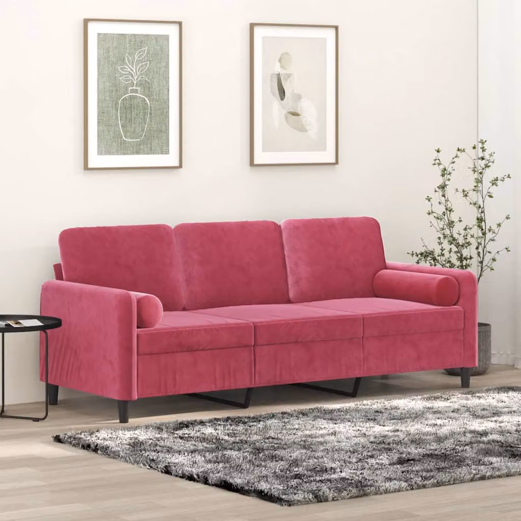 vidaXL Divano a 3 Posti Moderno in Velluto Rosso con Cuscini e Coperture Rimovibili – 1