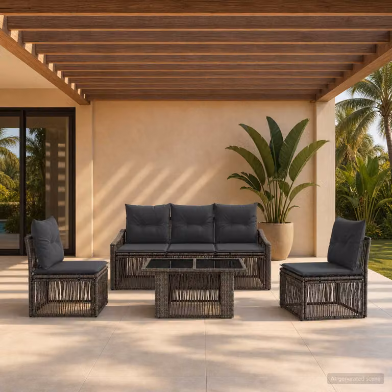 Set Divano da Giardino vidaXL 6 Pezzi in Polyrattan Grigio e Antracite con Cuscini e Tavolino in Vetro