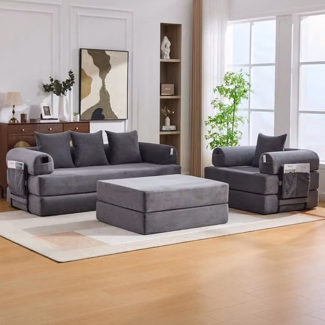Divano modulare WISHDOR in velluto a coste grigio con pouf e cuscini, struttura in metallo e imbottitura in schiuma per soggiorno o camera da letto