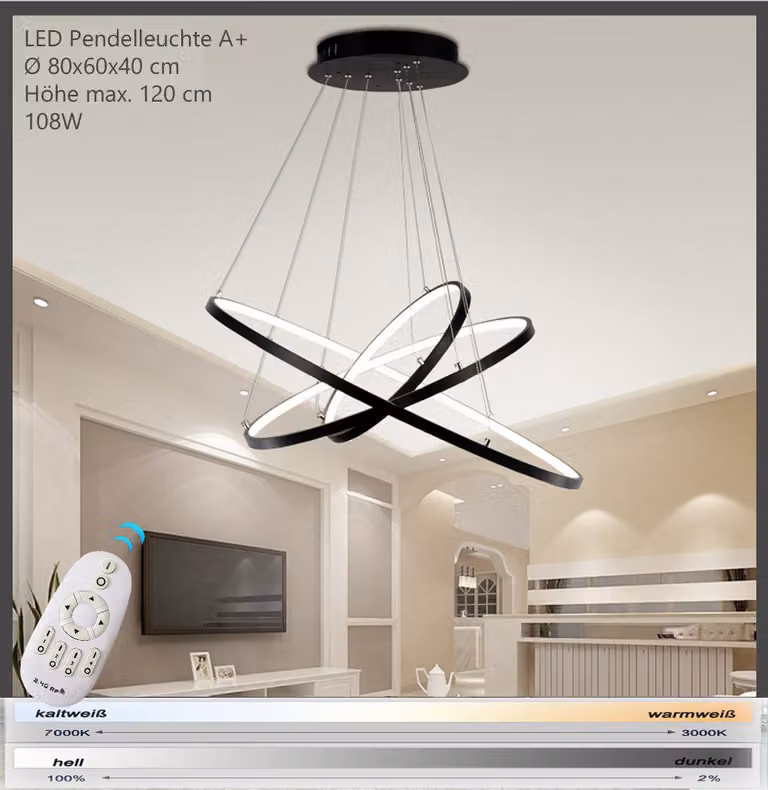 Lampada a sospensione LED 2130-3black anelli Ø 80x60x40 cm 108W con telecomando Colore della luce e luminosità regolabile dimmerabile 120cm