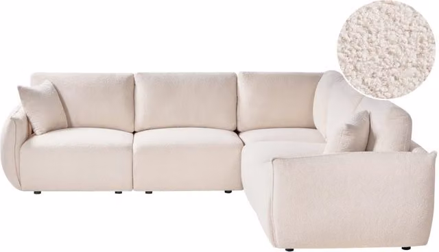 Divano angolare sinistro Bianco sporco Boucle Divano componibile a 5 posti con cuscini Soggiorno moderno
