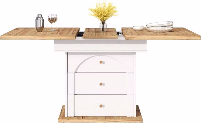 Tavolo da pranzo estensibile 110-140x80 cm in MDF bianco e effetto naturale