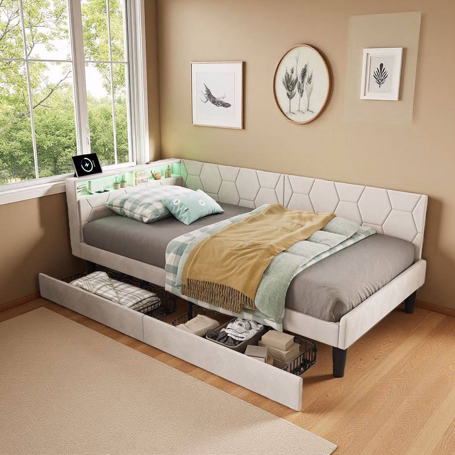 Letto imbottito ProximaX 90x200 cm grigio, letto con contenitore dotato di 2 cassetti e illuminazione a LED, porte di ricarica USB/Type-C, rivestimento in velluto, divano letto 2 in 1