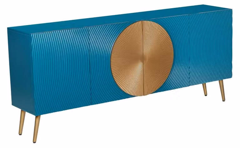 Credenza MIDORI, 177 cm – Massello di mango, finitura blu e dorata – 4 ante