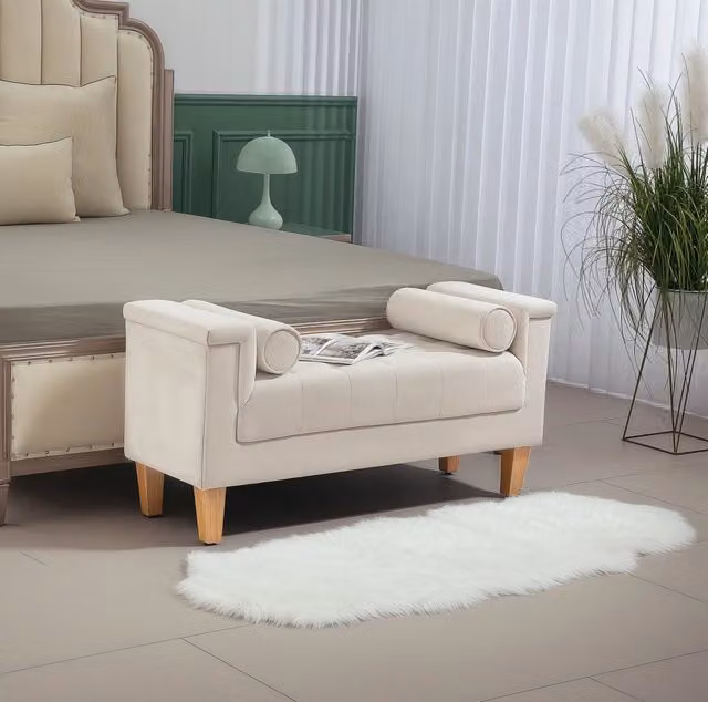 Panca imbottita in ciniglia con braccioli, 115 x 44 x 58 cm, beige