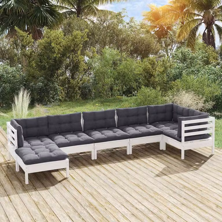 Set di divani da giardino vidaXL a forma di L composto da 7 pezzi in legno di pino con cuscini bianchi e antracite