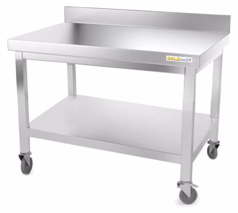 Tavolo da lavoro in acciaio inossidabile con struttura portante, dimensioni 1200 x 500 mm, montato su rotelle di alta qualità - GOLDINOX