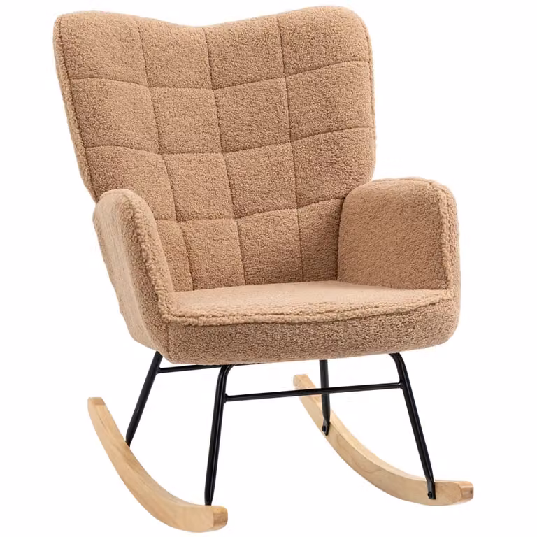 Poltrona a dondolo OKWISH in tessuto boucle marrone con struttura in legno di faggio e metallo, ideale per salotto o camera da letto, L: 98 cm, P: 71 cm, H: 101 cm