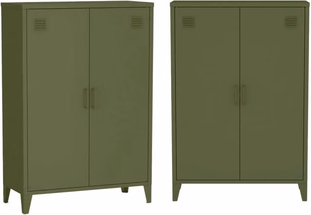Set di 2 armadietti in metallo, 2 ante, verde kaki