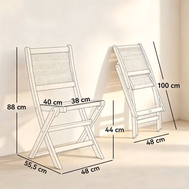 Set di 2 Sedie da Giardino Pieghevoli in Legno di Acacia con Seduta e Schienale Intrecciati, Leggere e Compatte, Beige Naturale