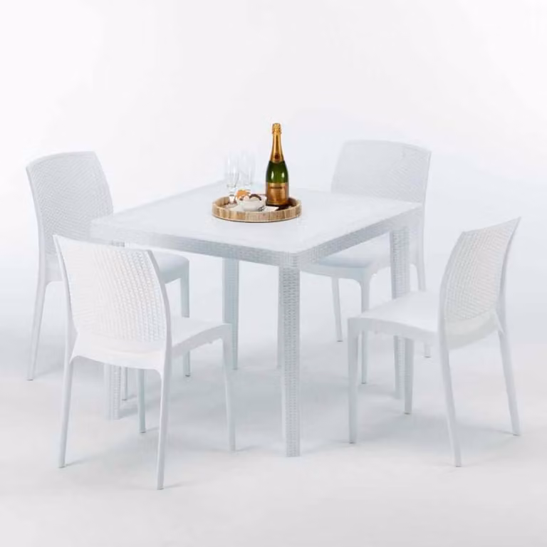 Tavolo quadrato bianco e 4 sedie in polipropilene colorato per esterni Grand Soleil Boheme Love - Bianco