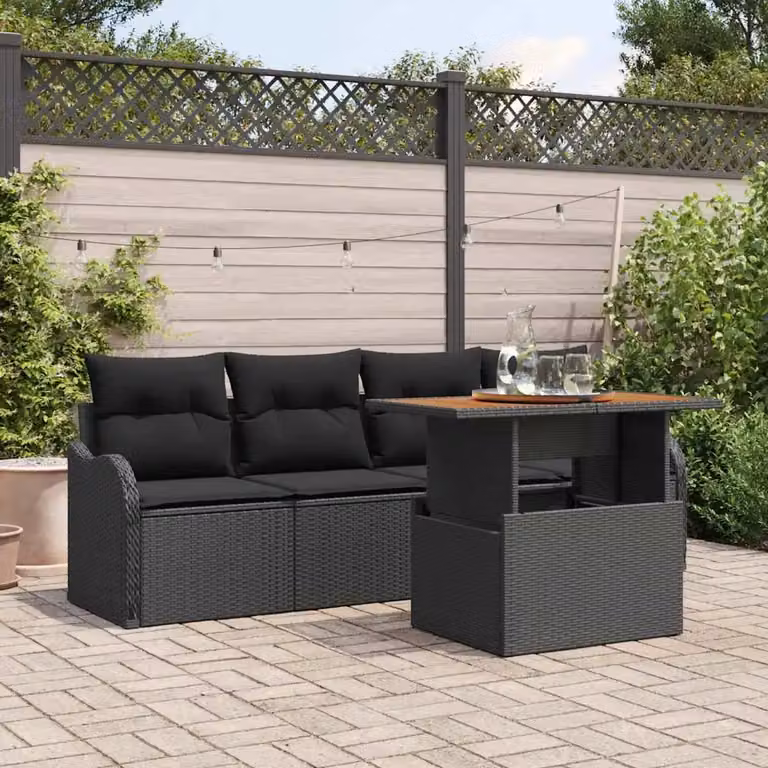Set Divano da Giardino vidaXL 5 Pezzi Nero con Cuscini e Contenitore per Archiviazione in Polyrattan e Acciaio