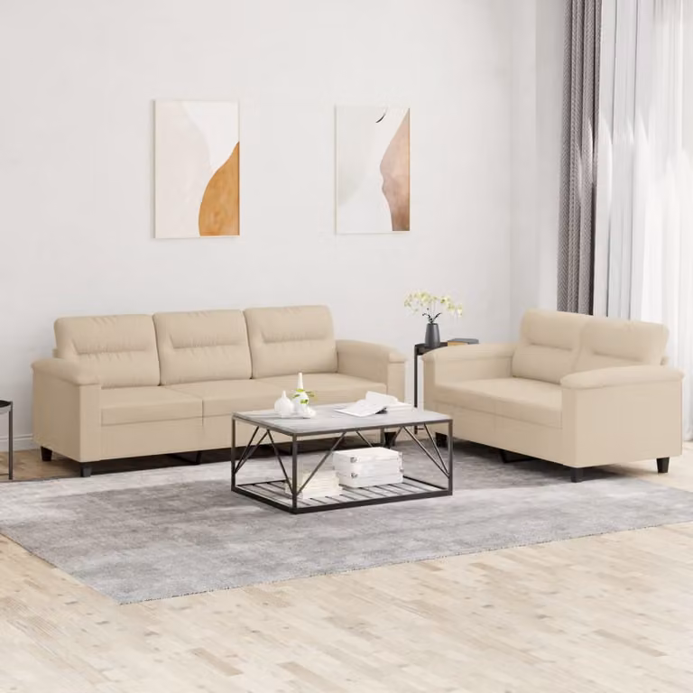 Set di 2 Divani vidaXL in Microfibra Beige con Cuscini e Struttura in Metallo e MDF