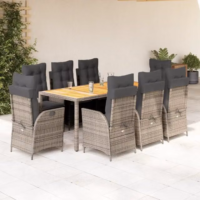 Set da pranzo da giardino vidaXL in polyrattan e legno di acacia grigio, 9 pezzi