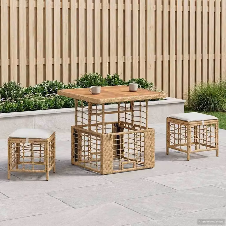 Set da pranzo per giardino e terrazzo vidaXL in legno di acacia oliato e rattan, 3 pezzi, colore beige e bianco
