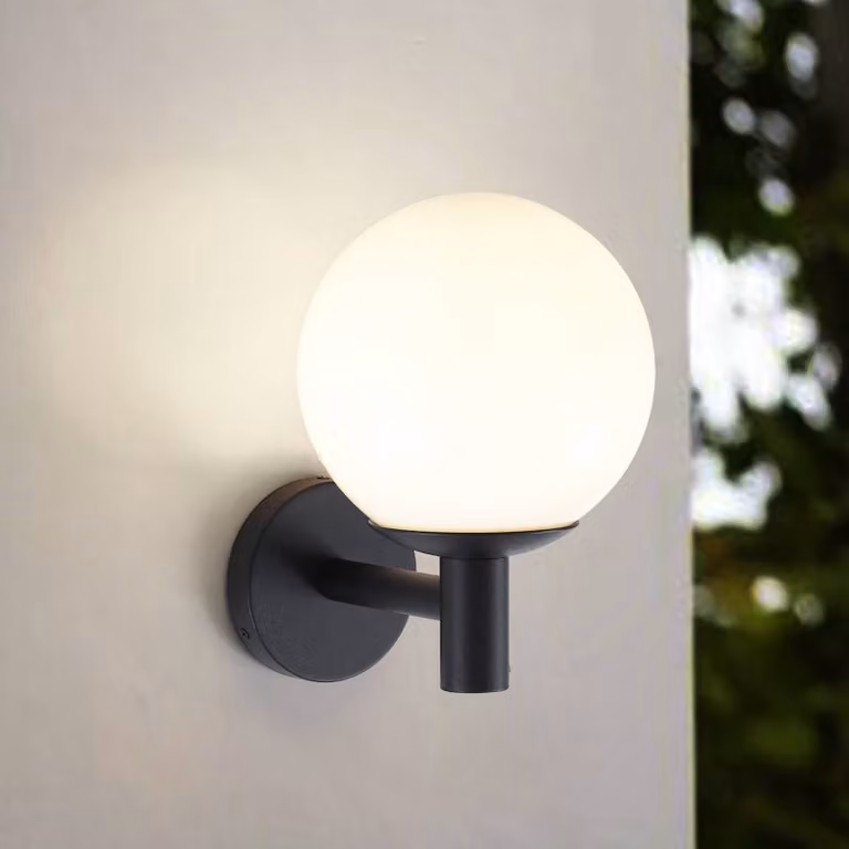 Applique da esterno Lindby Dangan, nero/bianco, vetro, Ø 20 cm Dangan Lindby, dimmerabile, Bianco / Opale, Vetro, Moderno