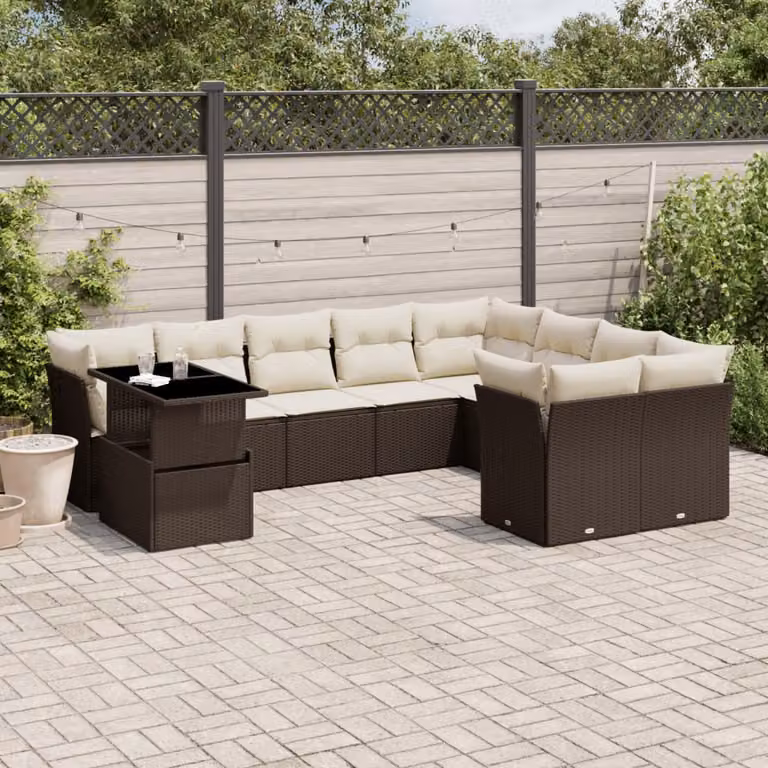 Set di Divani da Giardino vidaXL a Forma di L con Tavolino e Cuscini, Polyrattan Marrone e Bianco con Struttura in Acciaio Verniciato a Polvere