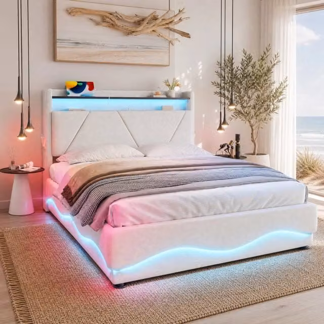 Letto con contenitore Mivray in velluto beige con testiera a ripiani, illuminazione LED e porte USB e Type-C, L/P/H: 140 x 200 x 116,5 cm