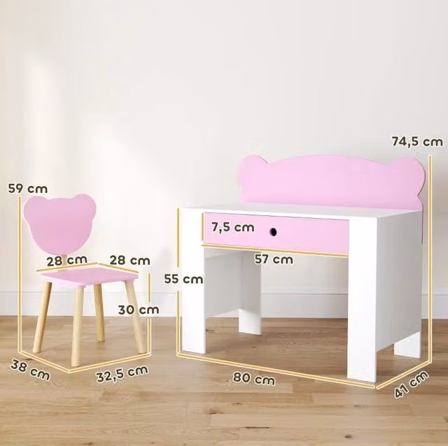 scrivania per bambini con sedia 80x41 cm rosa - contenitore e piano ampio