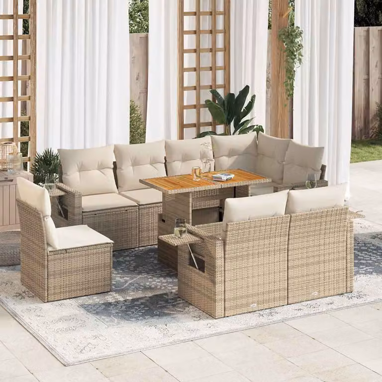 Set Divano da Giardino vidaXL 9 pz in Polyrattan Beige con Cuscini e Tavolino da Esterno