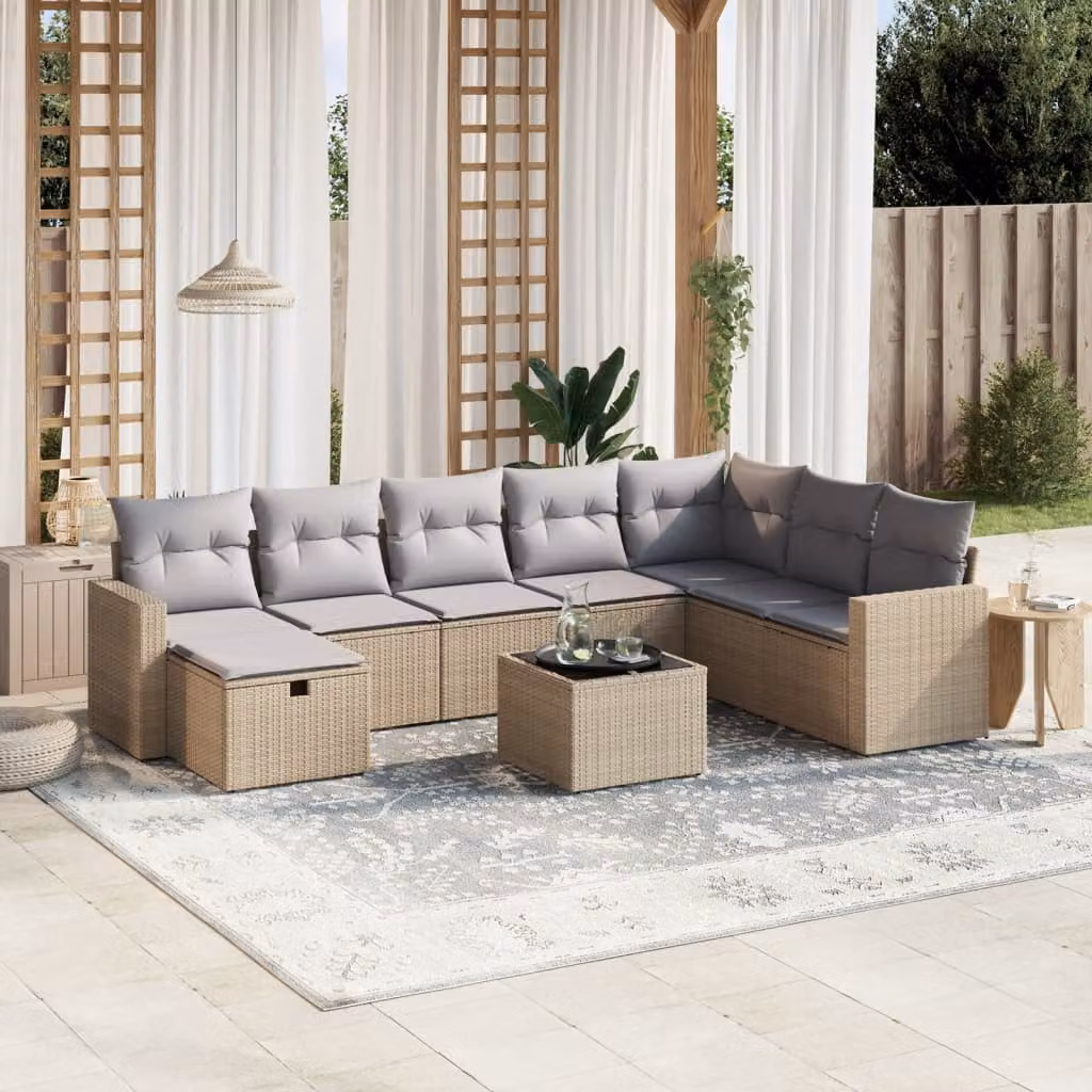 vidaXL Set Divano da Giardino a L 9 pz con Cuscini Beige e Grigio in Polyrattan e Acciaio – 1