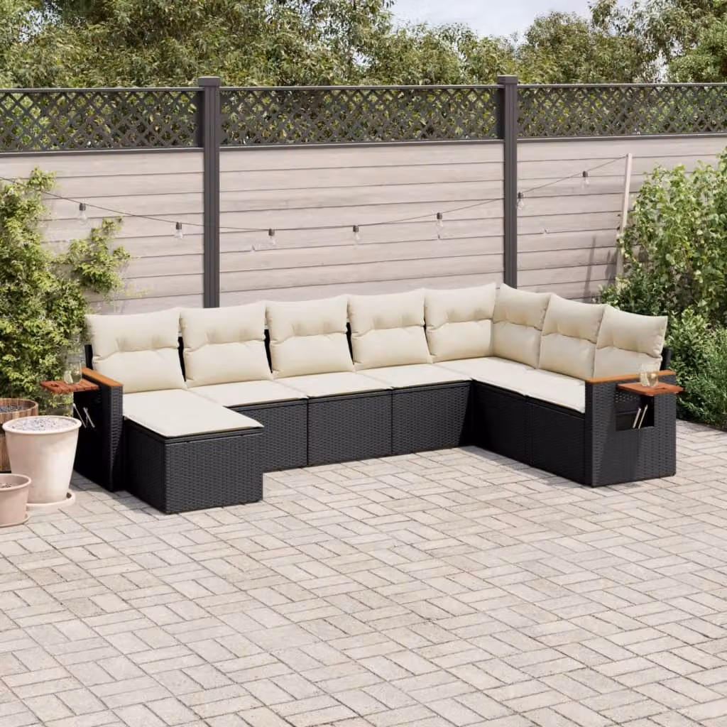Set di divani da giardino vidaXL a forma di L con 8 pezzi in polyrattan nero e cuscini bianchi con coperture rimovibili – 1
