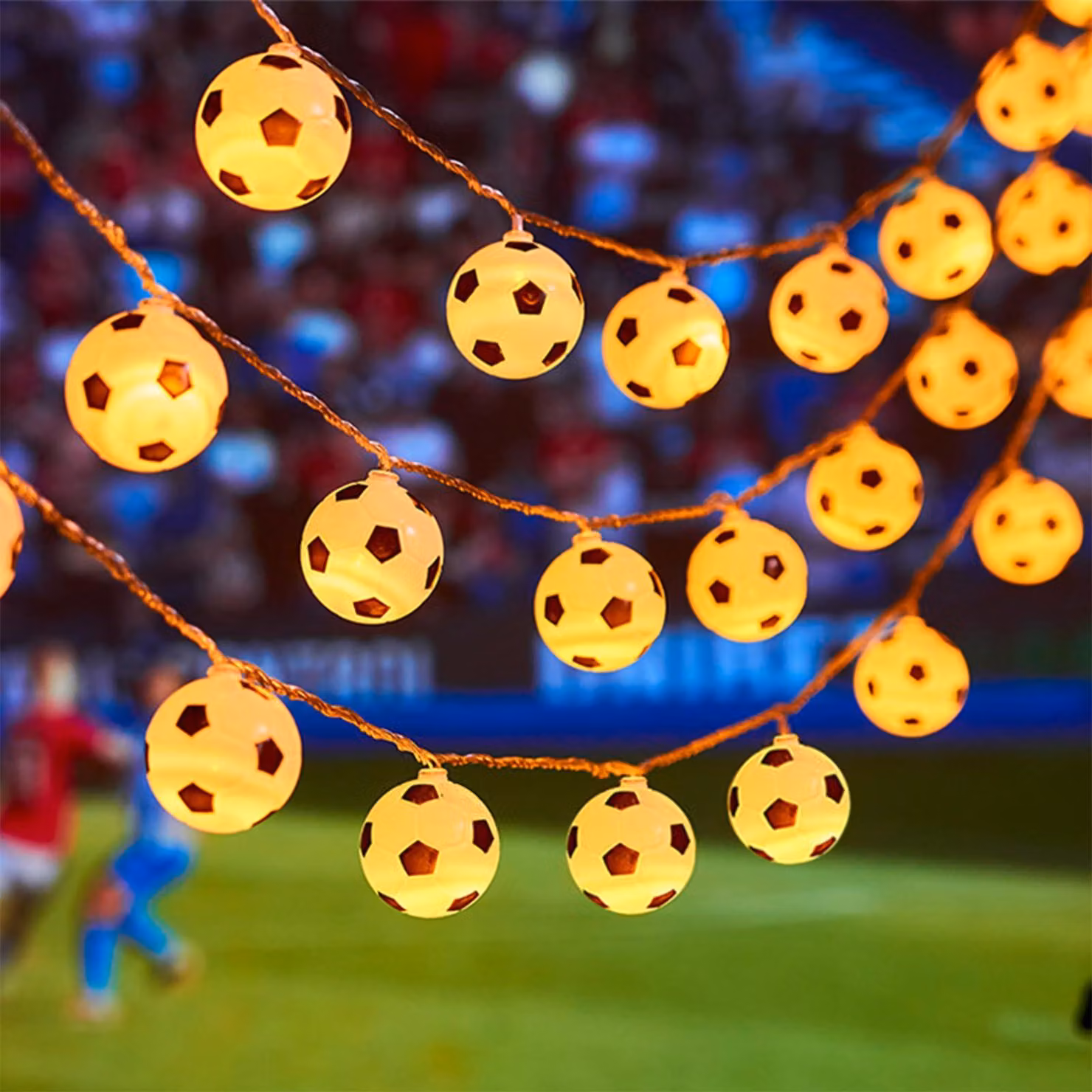 Catena luminosa a forma di pallone da calcio, lunghezza 3 metri, 20 LED, luce bianco caldo, alimentazione a batteria