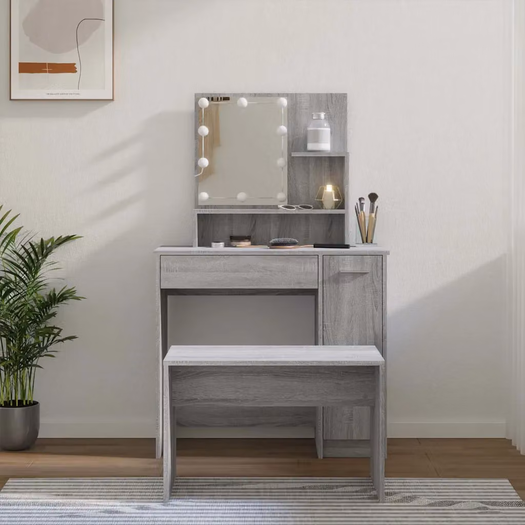 Set Tavolo da Toeletta con LED vidaXL in Legno e MDF Grigio, L/P/H: 136 x 35 x 86,5 cm