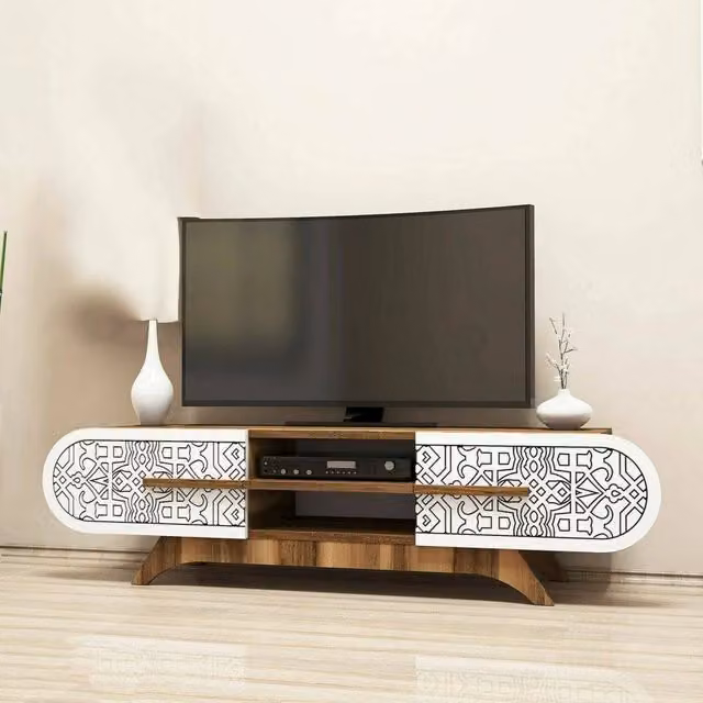 Mobile porta TV Matsu DMORA, Credenza moderna per soggiorno in legno, L: 145 cm, P: 37 cm, H: 37 cm, Noce e Bianco – 1