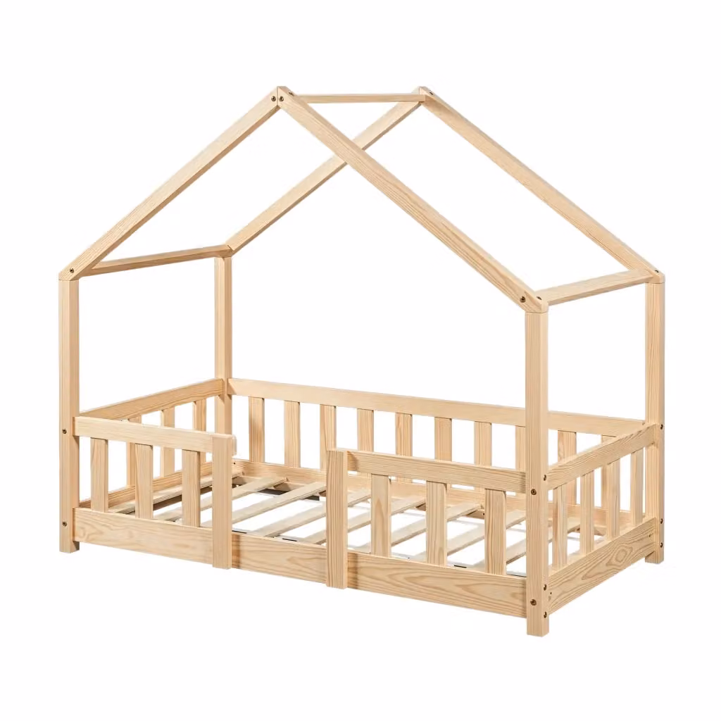 Letto per cameretta Treviolo en.casa a forma di casetta in stile Montessori in legno di pino naturale, L/P/H: 140 x 70 x 118 cm – 2