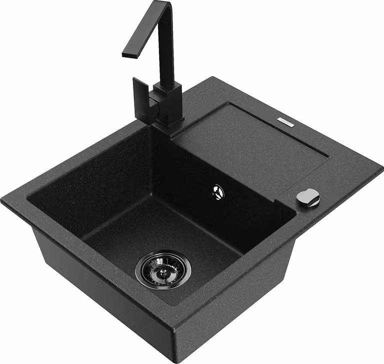 Mexen Enzo lavello in granito a 1 vasca con sgocciolatoio e miscelatore da cucina Rita, nero/argento metallizzato