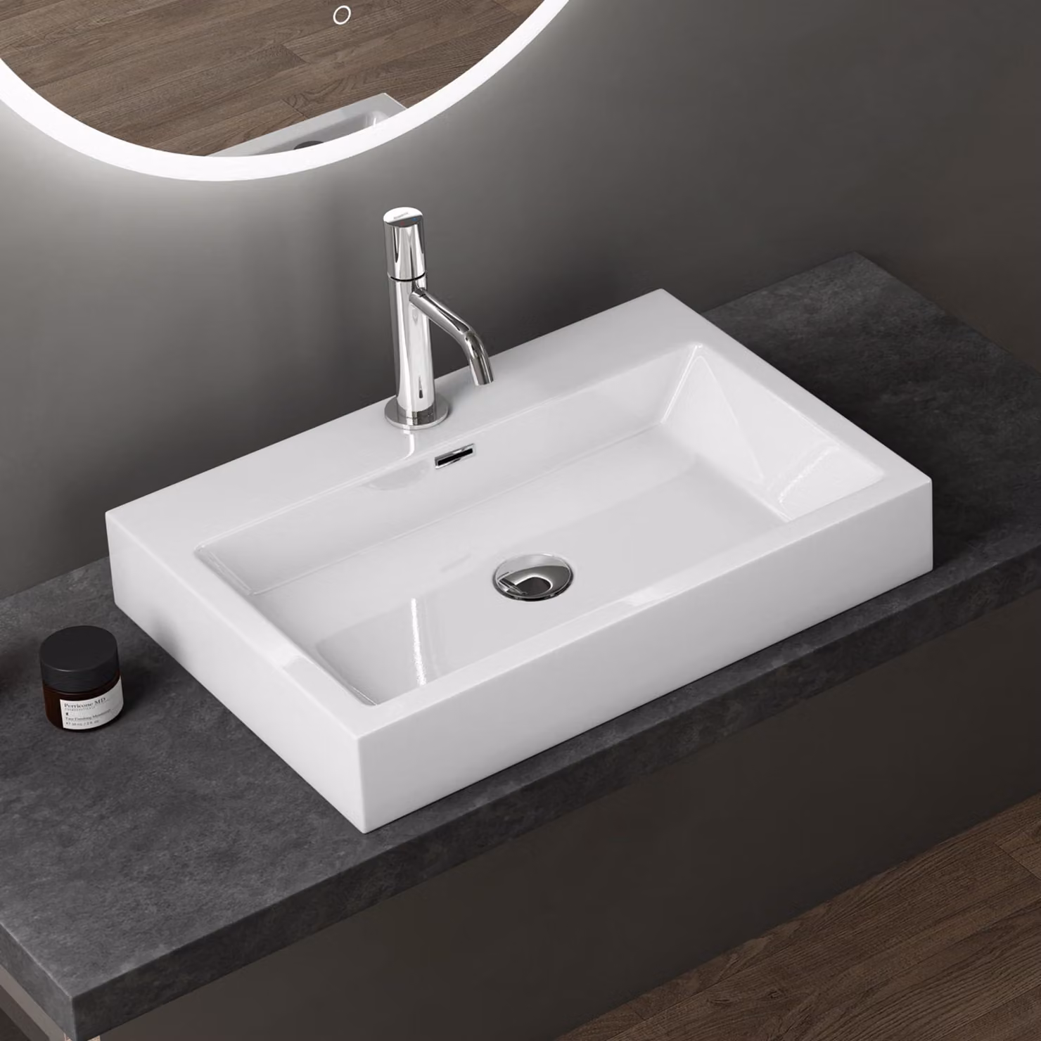 doporro Lavabo da Appoggio Rettangolare, Lavabo Bagno Sospeso con Foro Rubinetto e Troppopieno, Lavandino in Marmo Resina Bianco Lucido 60x42x10cm, Colossum06