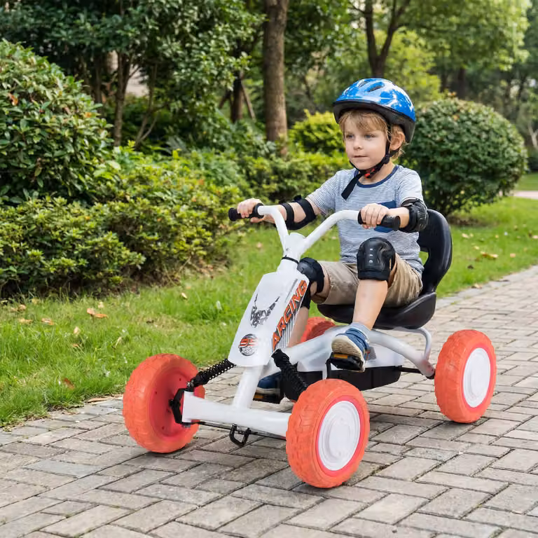 Go kart a pedali Costway per bambini con sedile regolabile e telaio in metallo, veicolo da gioco a 4 ruote bianco, portata 30 kg