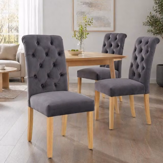 Set di 2 sedie da pranzo in velluto grigio con gambe in legno massello di quercia