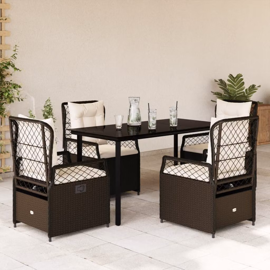 Set da Pranzo da Giardino 5pz vidaXL in Polyrattan Marrone con Cuscini e Piano in Vetro – 1
