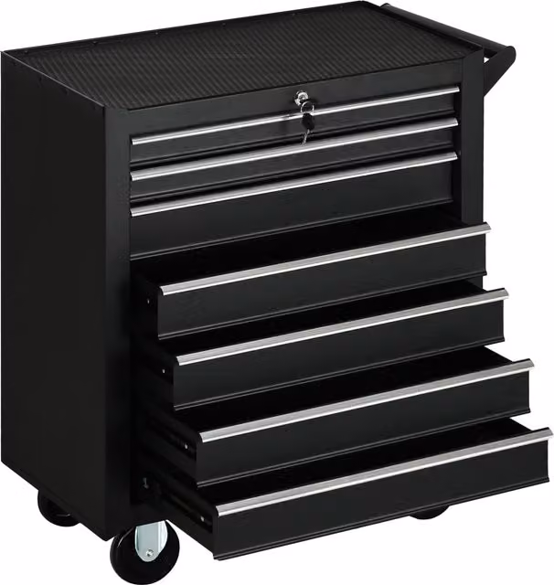 Carrello da Officina Professionale Aosom con 7 Cassetti, Serratura di Sicurezza e Ruote, Nero, L: 69 cm, P: 33 cm, H: 75 cm – 1